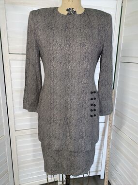 Vintage 80s Michael Blair Women’s Sheath Midi Career Black Tan Dress Sz 6